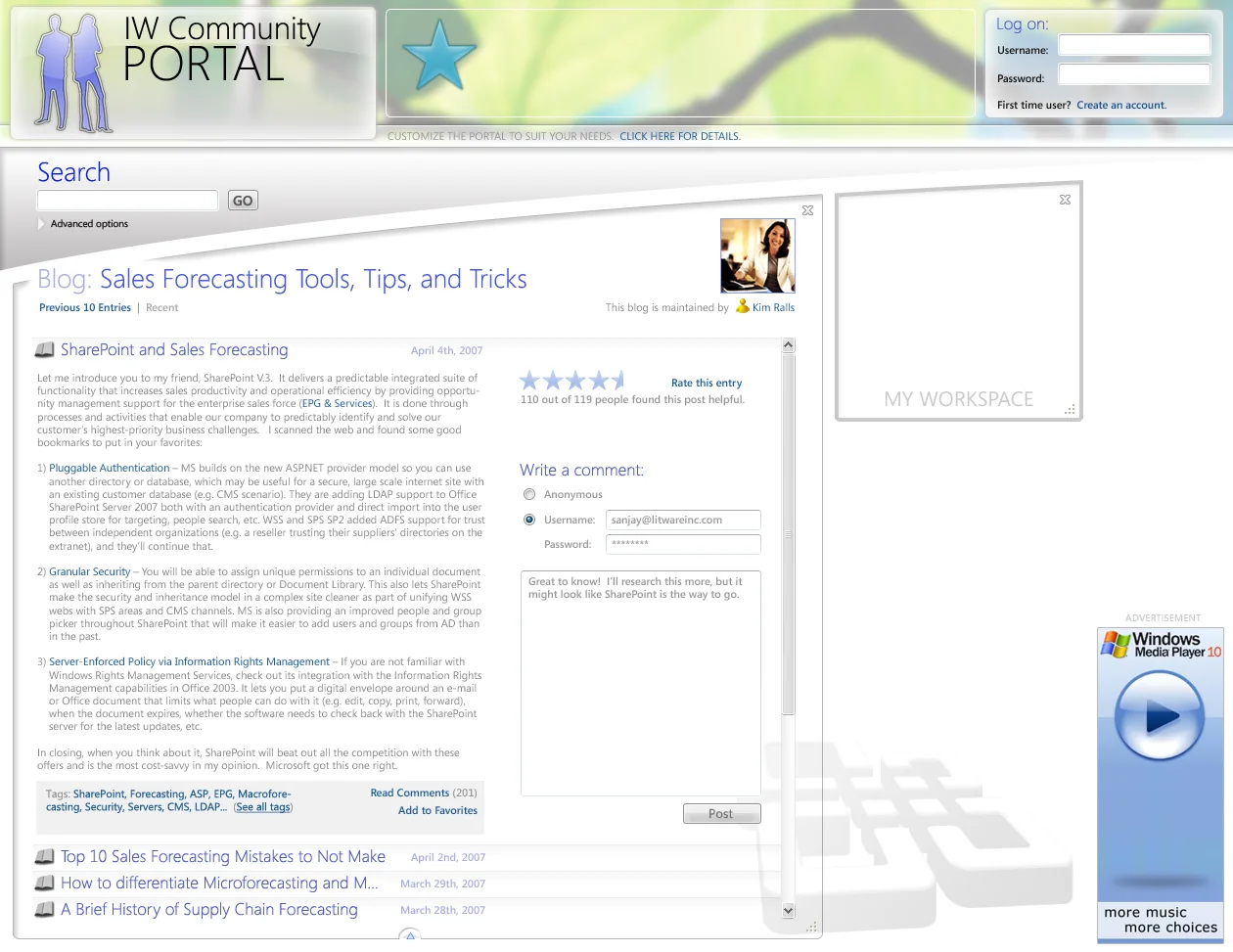 Community portal article with ratings, comments, related posts, and workspace actions.