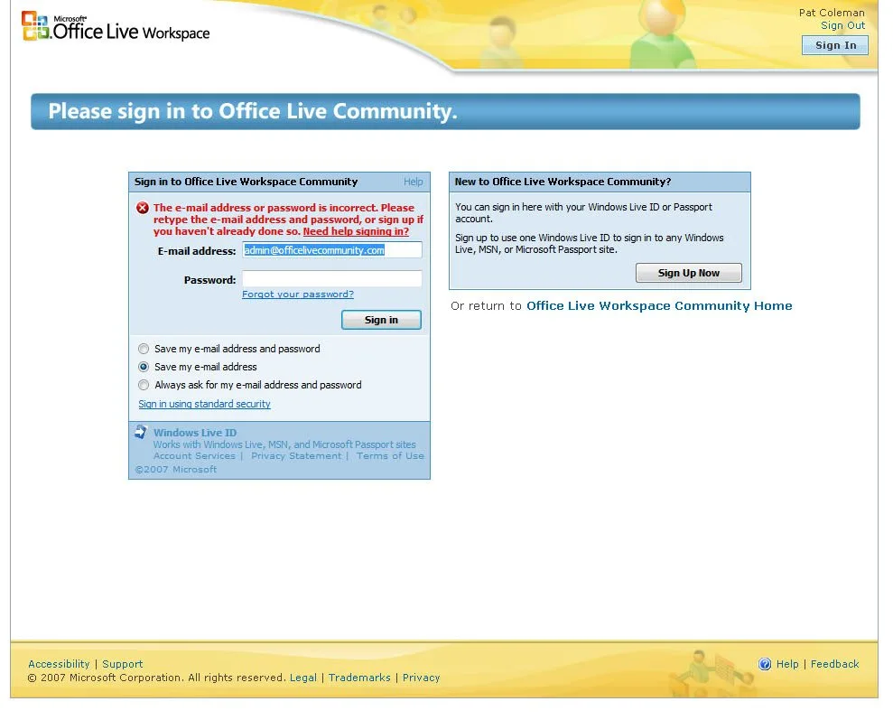 Office Live Workspace Community sign-in and account entry experience.