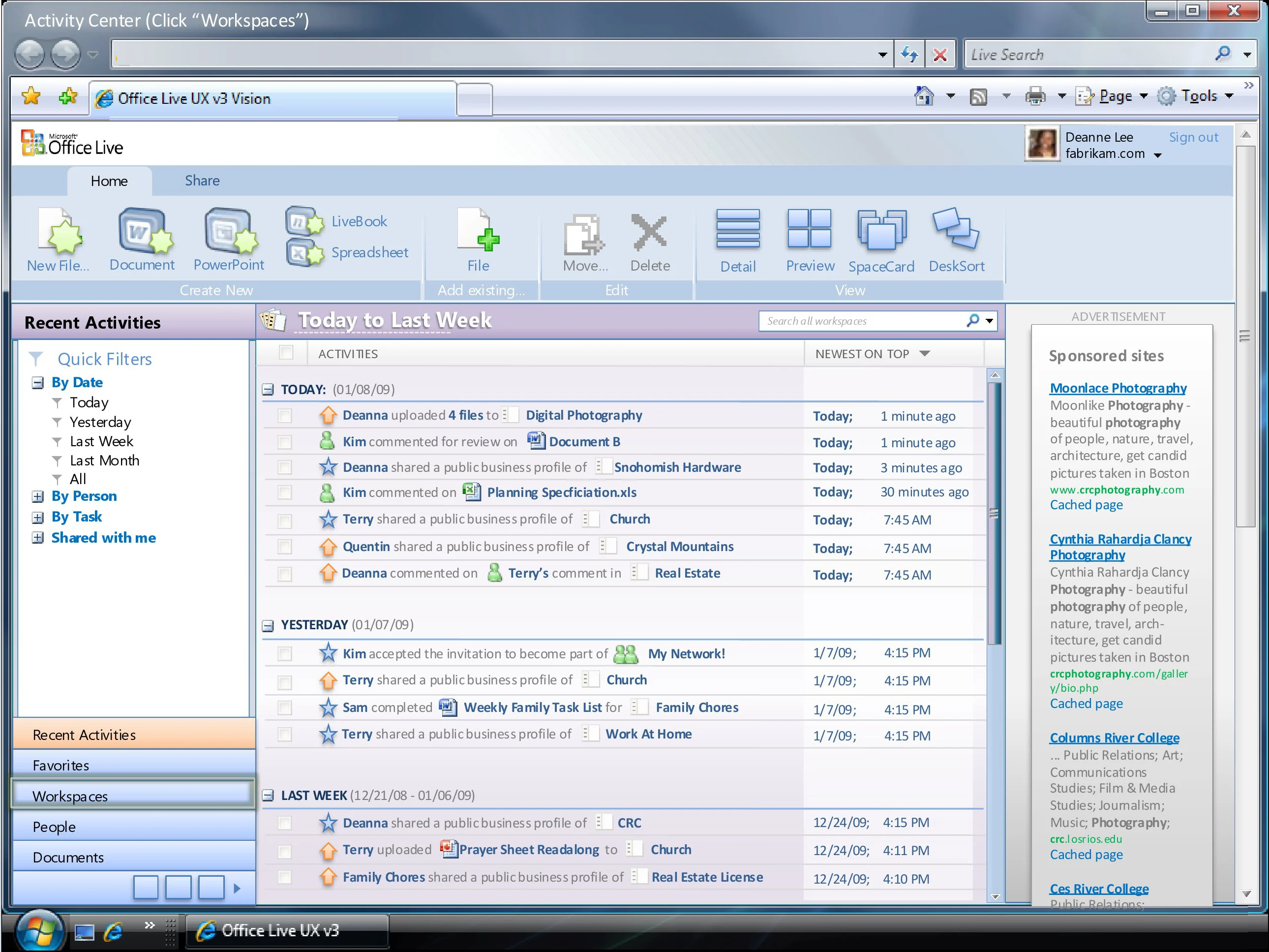 Office Live Workspace home view with navigation, central content, and related activity.