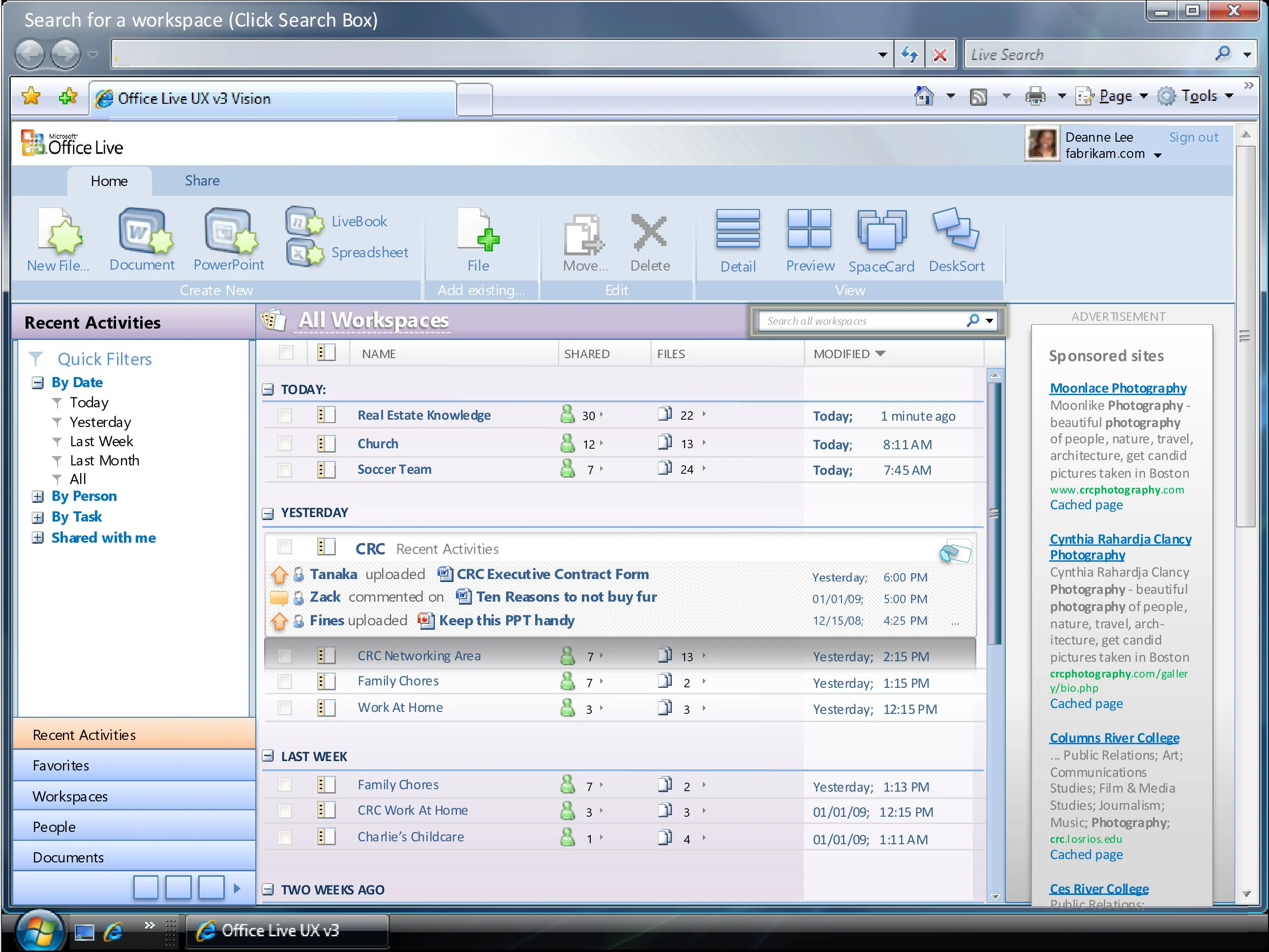 Office Live Workspace concept grouping project content with navigation and activity.