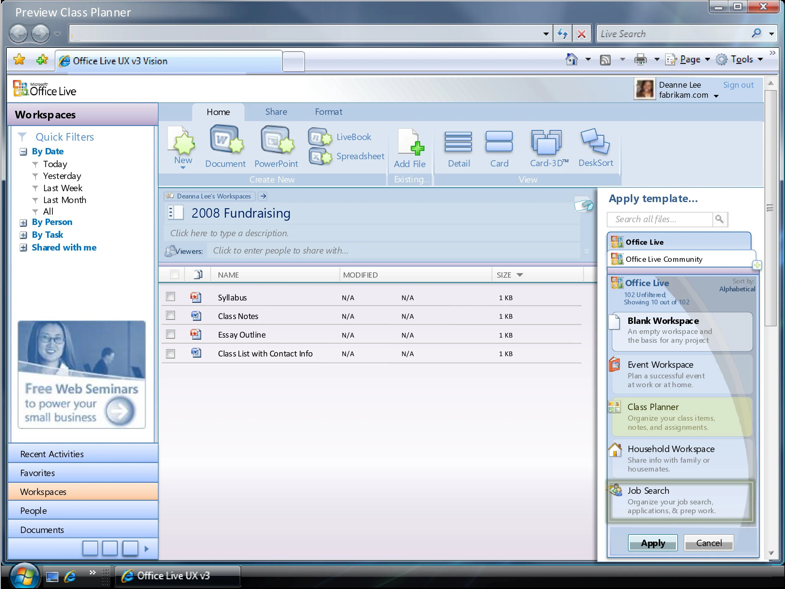 Office Live Workspace project view with central project information and activity panels.