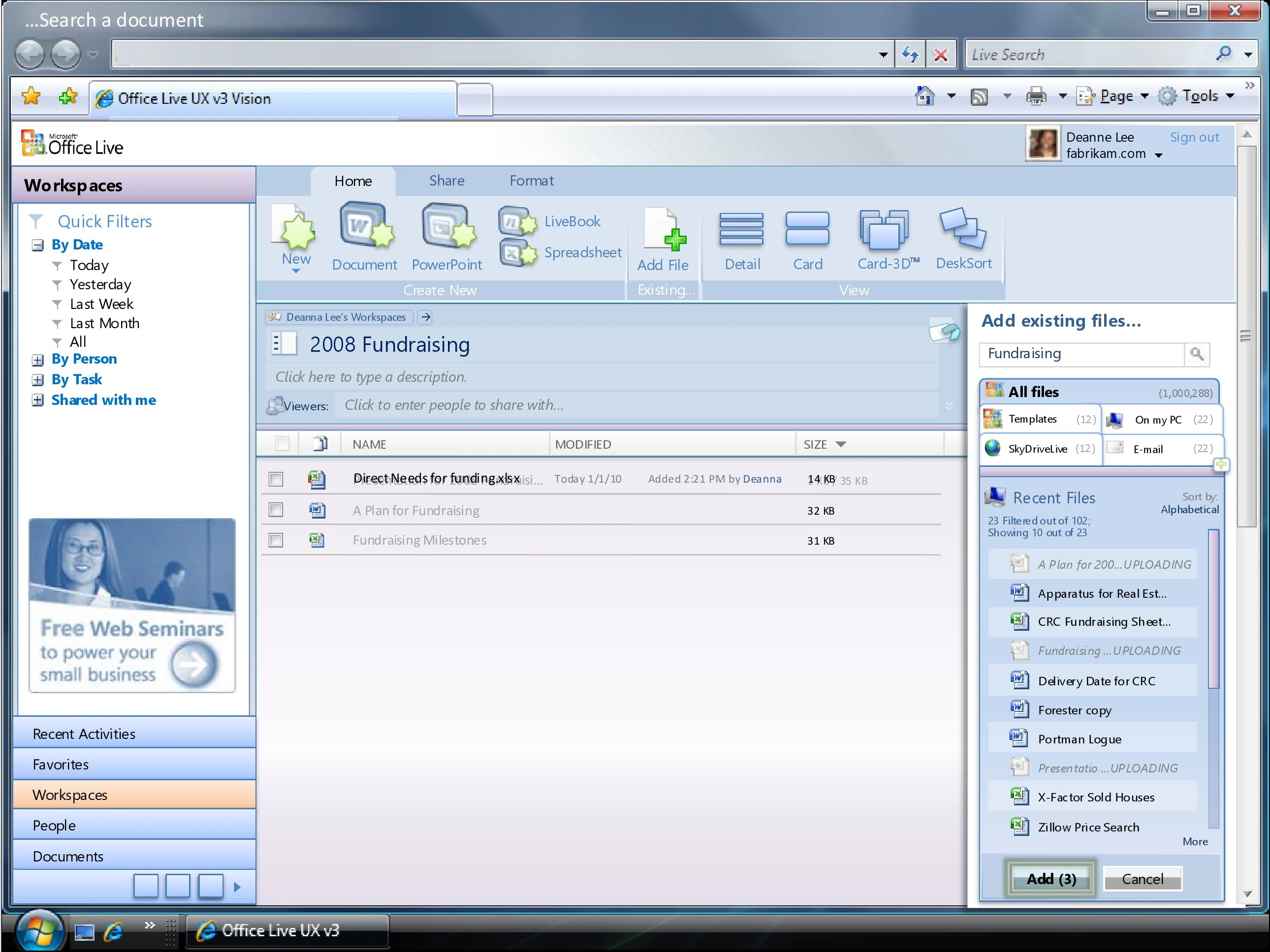 Office Live Workspace layout with left navigation, central work area, and right activity panel.