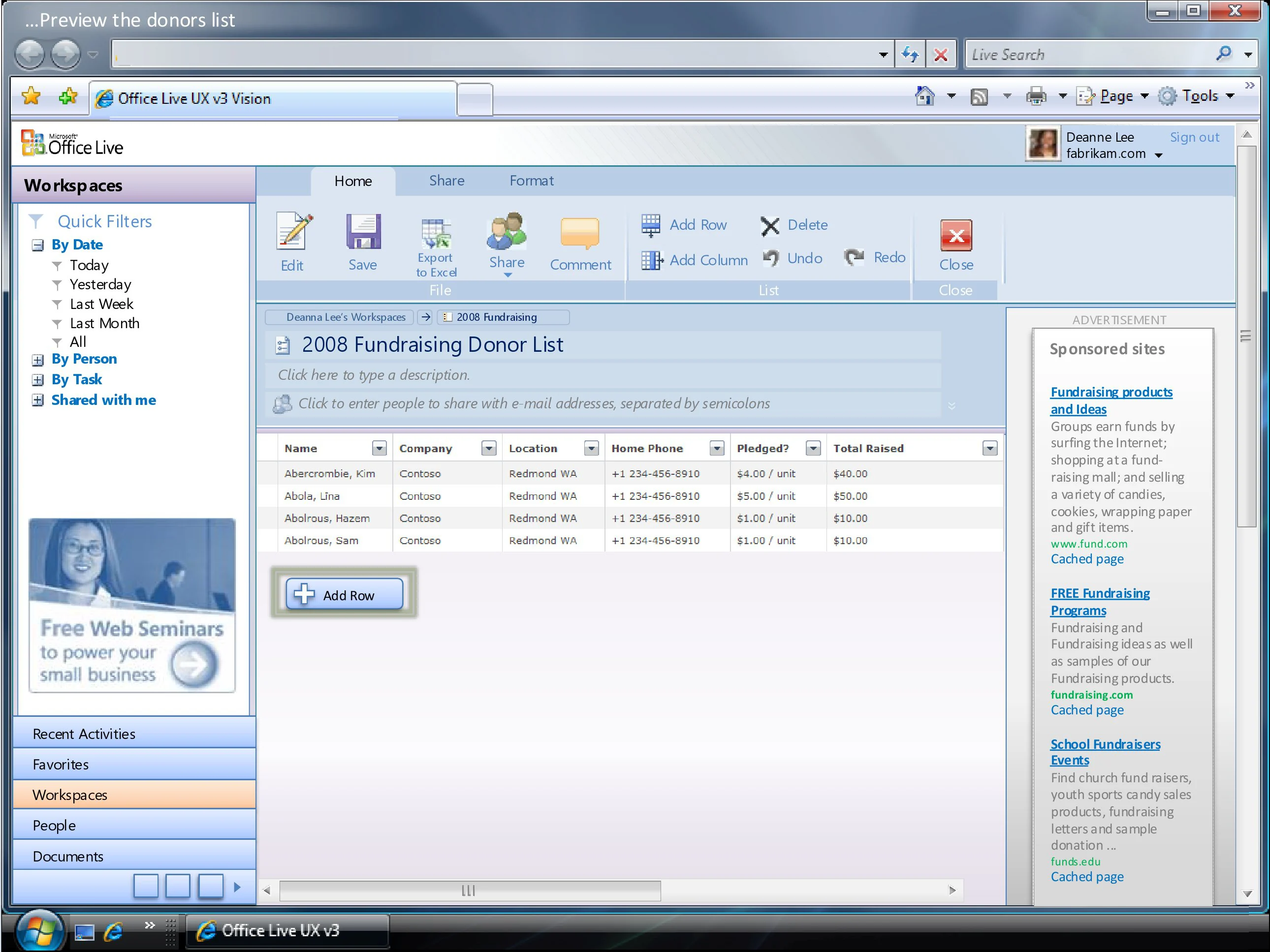 Office Live Workspace showing shared document-oriented project content.