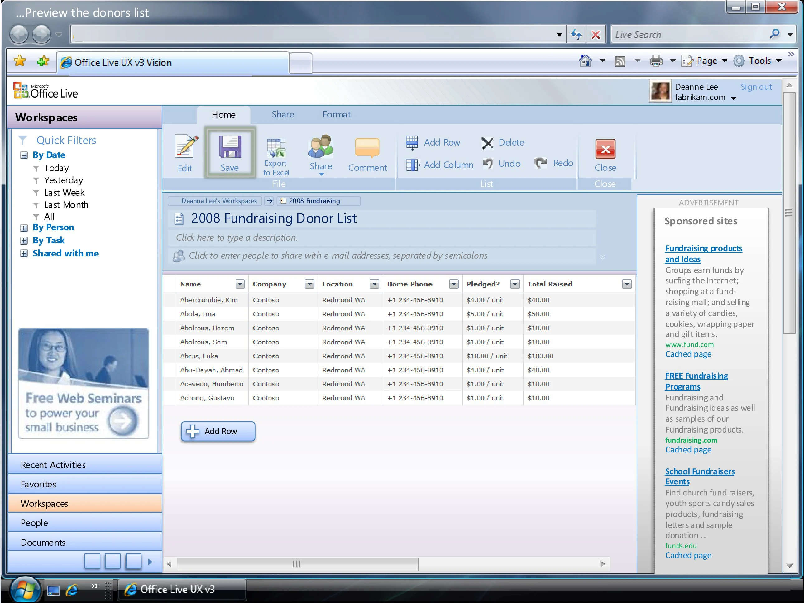 Office Live Workspace focused list view with nearby navigation and actions.