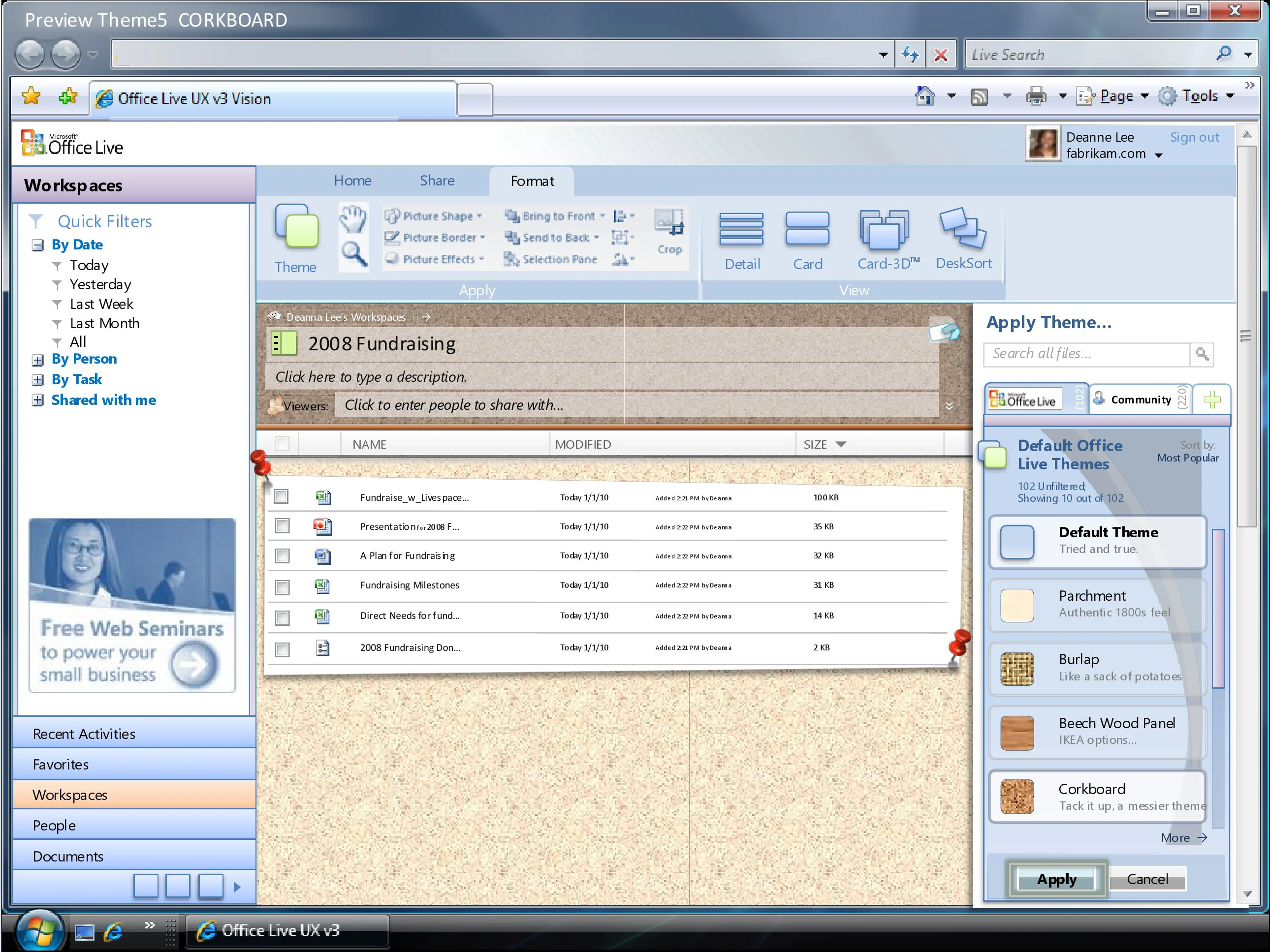 Office Live Workspace combining project status with activity panels.