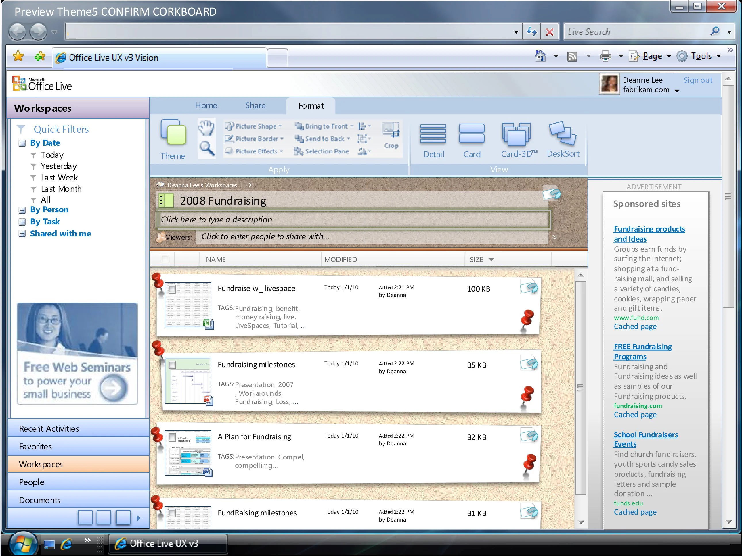 Office Live Workspace with multiple project content cards and updates.