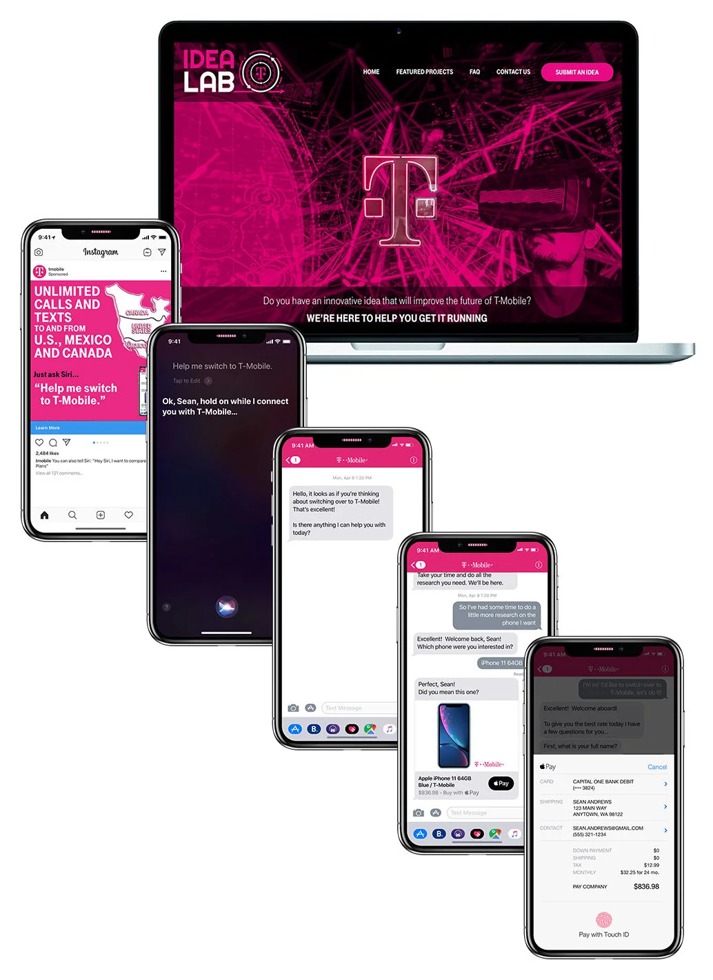 Original abstract diagram showing connected customer-service opportunities around a T-Mobile Idea Lab concept hub.